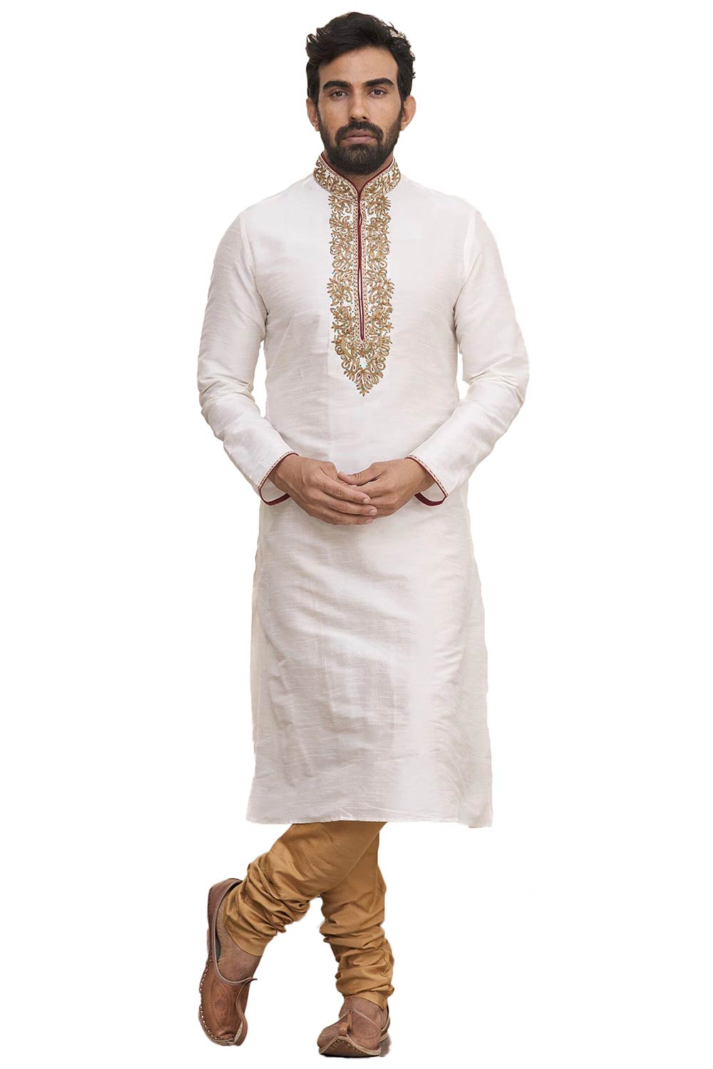 Men's Cream Silk Embroidered Full Sleeve Kurta Churidar