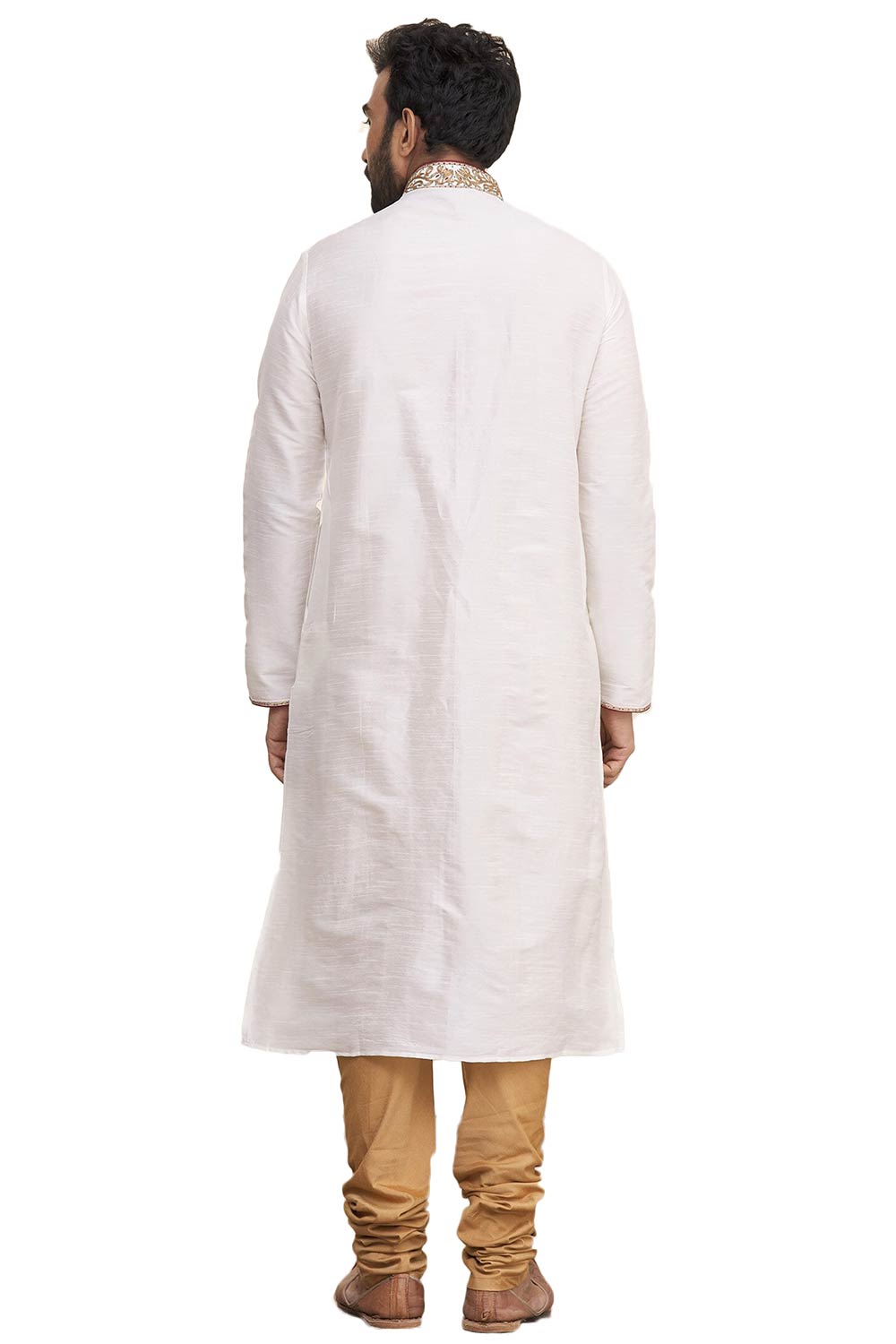 Men's Cream Silk Embroidered Full Sleeve Kurta Churidar