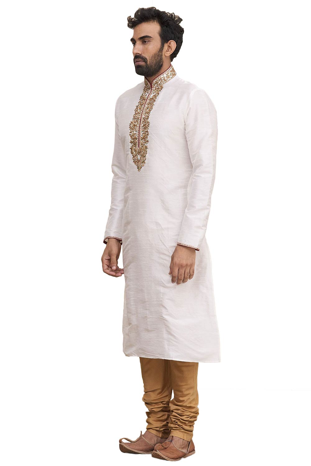 Men's Cream Silk Embroidered Full Sleeve Kurta Churidar