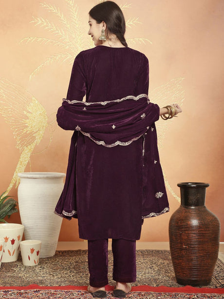 Wine Velvet Embroidered Dress Material