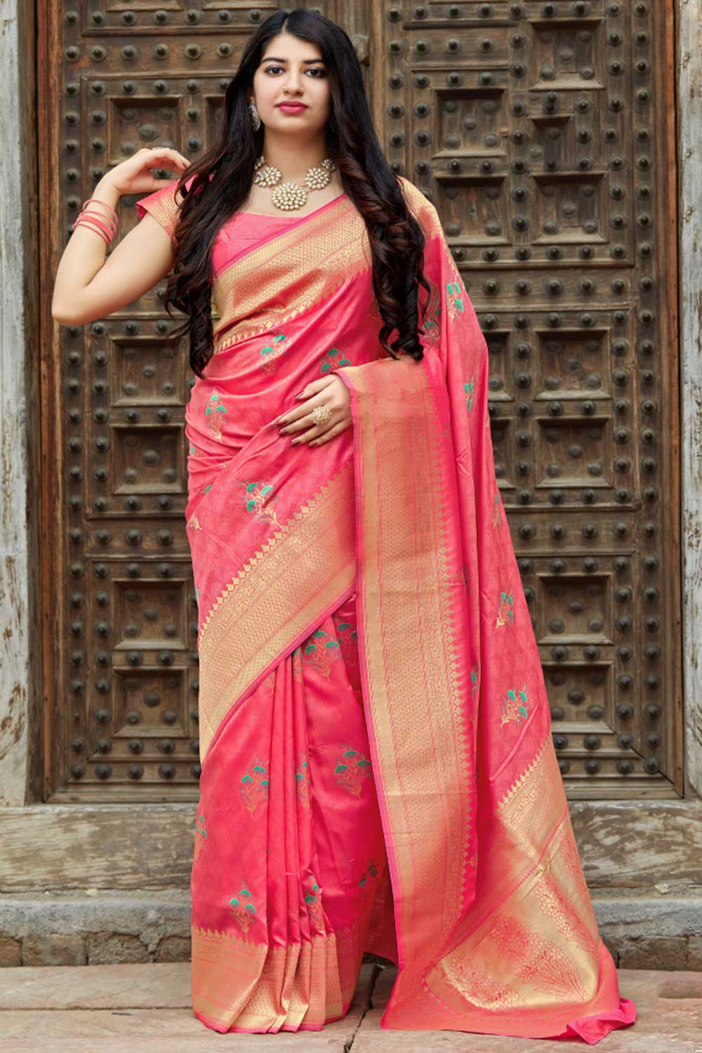 Buy Banarasi Art Silk Zari Woven Saree in Light Pink Online