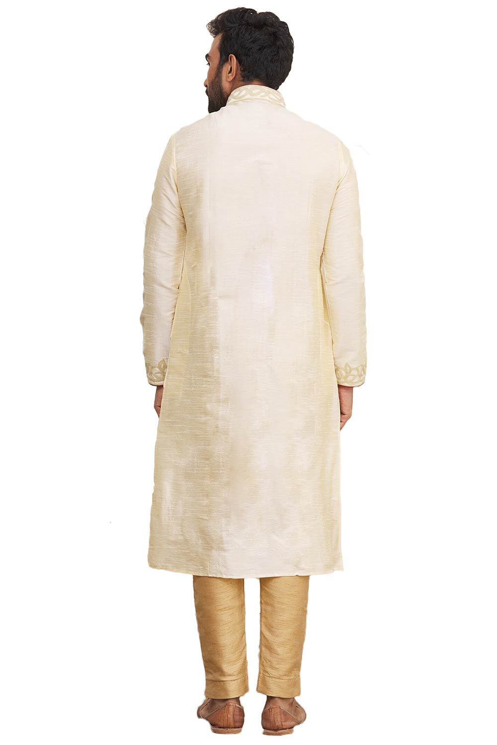 Men's Beige Silk Embroidered Full Sleeve Kurta Churidar