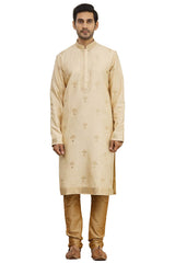 Men's Beige Cotton Embroidered Full Sleeve Kurta Churidar