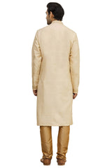 Men's Beige Cotton Embroidered Full Sleeve Kurta Churidar