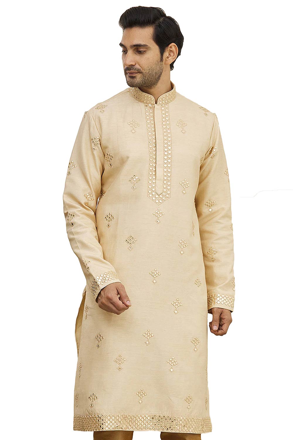 Men's Beige Cotton Embroidered Full Sleeve Kurta Churidar