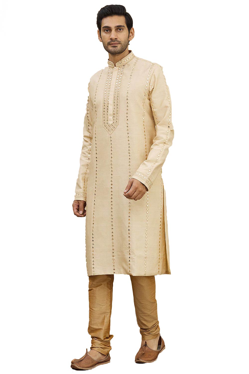 Men's Beige Silk Embroidered Full Sleeve Kurta Churidar