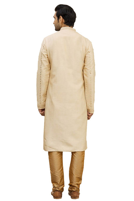Men's Beige Silk Embroidered Full Sleeve Kurta Churidar