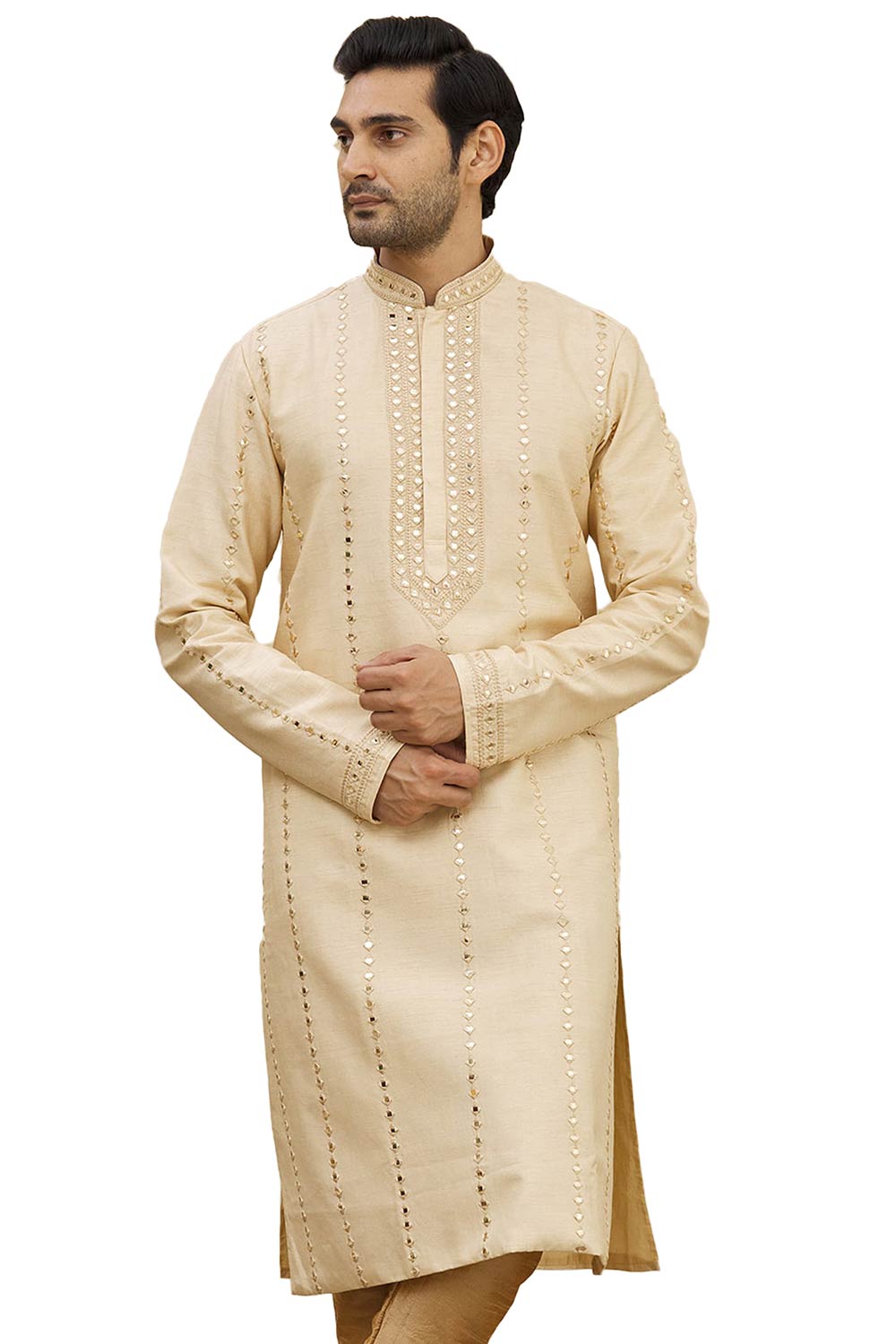 Men's Beige Silk Embroidered Full Sleeve Kurta Churidar