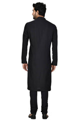 Men's Black Silk Embroidered Full Sleeve Kurta Churidar
