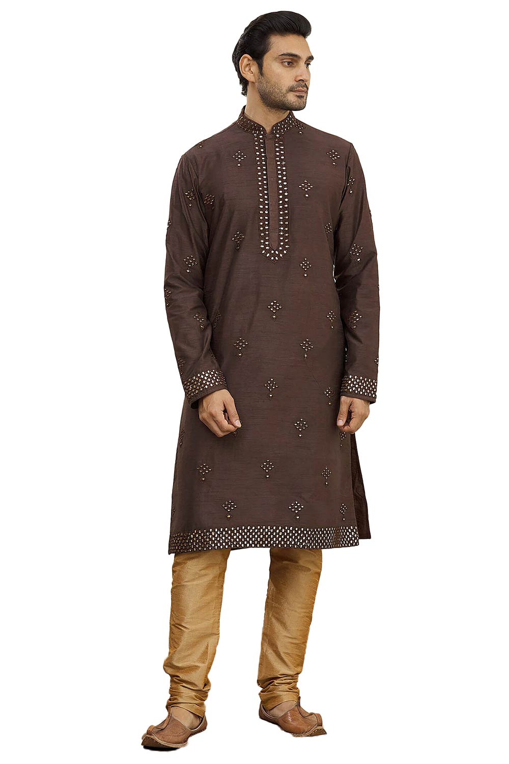 Men's Brown Silk Embroidered Full Sleeve Kurta Churidar