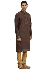 Men's Brown Silk Embroidered Full Sleeve Kurta Churidar