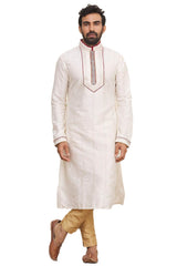 Men's Cream Silk Embroidered Full Sleeve Kurta Churidar