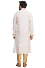 Men's Cream Silk Embroidered Full Sleeve Kurta Churidar