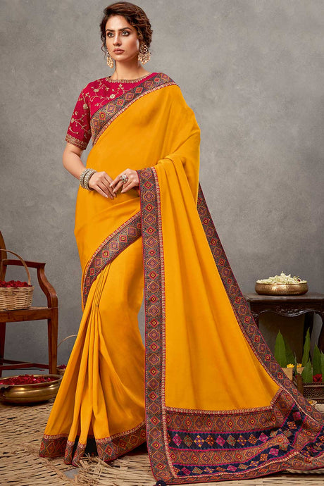 Yellow Satin Silk Saree for Women