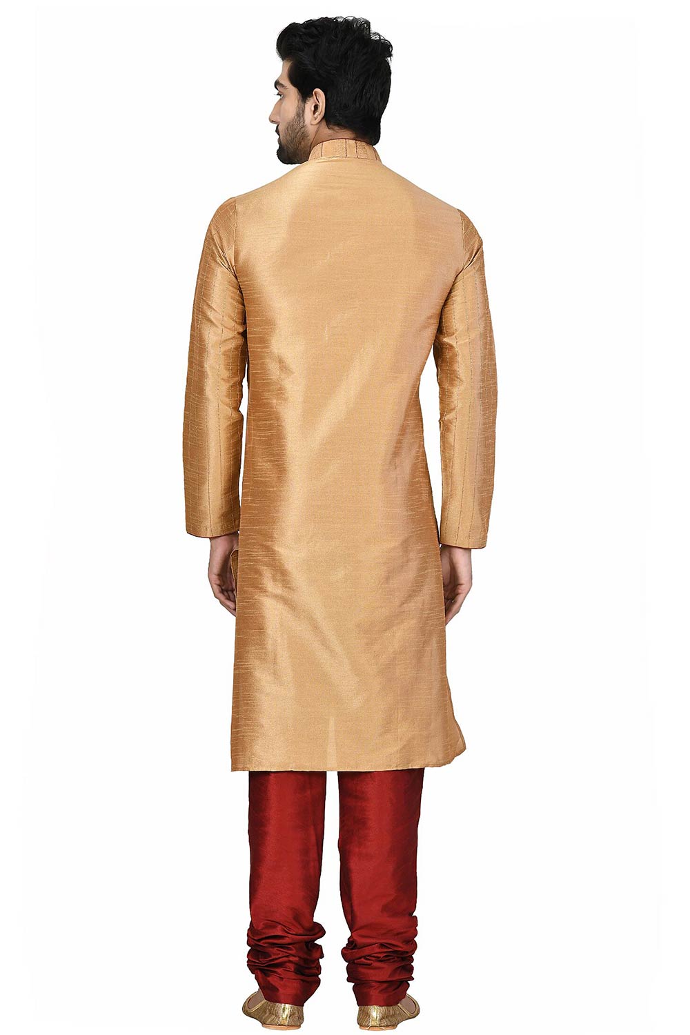 Men's Gold Cotton Embroidered Full Sleeve Kurta Churidar