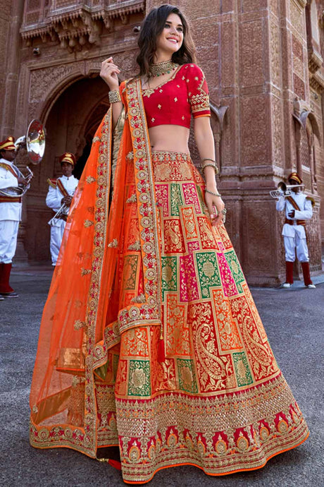 Buy Art Silk Woven Lehenga Choli Dress Material in Orange Online