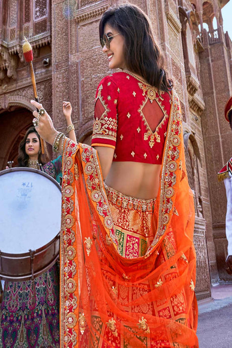 Buy Art Silk Woven Lehenga Choli Dress Material in Orange - Back