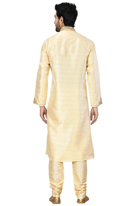 Men's Cream Silk Embroidered Full Sleeve Kurta Churidar