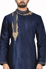 Men's Navy Blue Silk Embroidered Full Sleeve Kurta Churidar