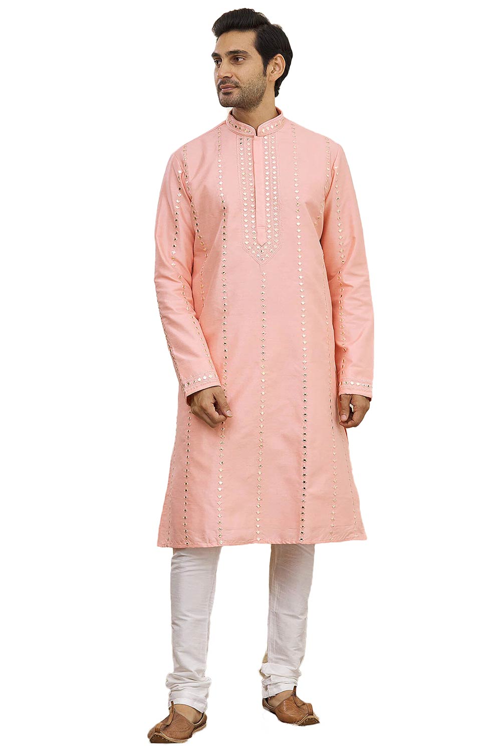 Men's Peach Cotton Embroidered Full Sleeve Kurta Churidar