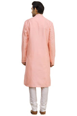 Men's Peach Cotton Embroidered Full Sleeve Kurta Churidar