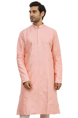 Men's Peach Cotton Embroidered Full Sleeve Kurta Churidar