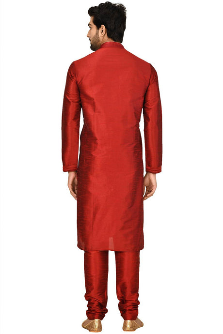 Men's Maroon Silk Embroidered Full Sleeve Kurta Churidar
