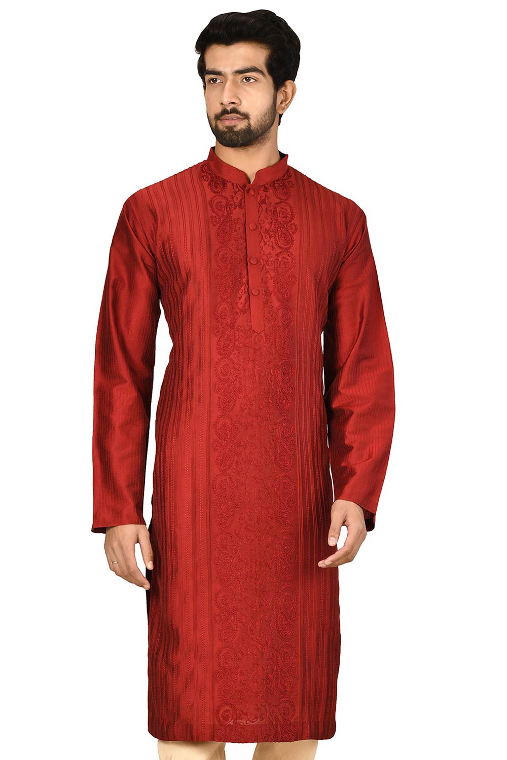 Men's Maroon Silk Embroidered Full Sleeve Kurta Churidar