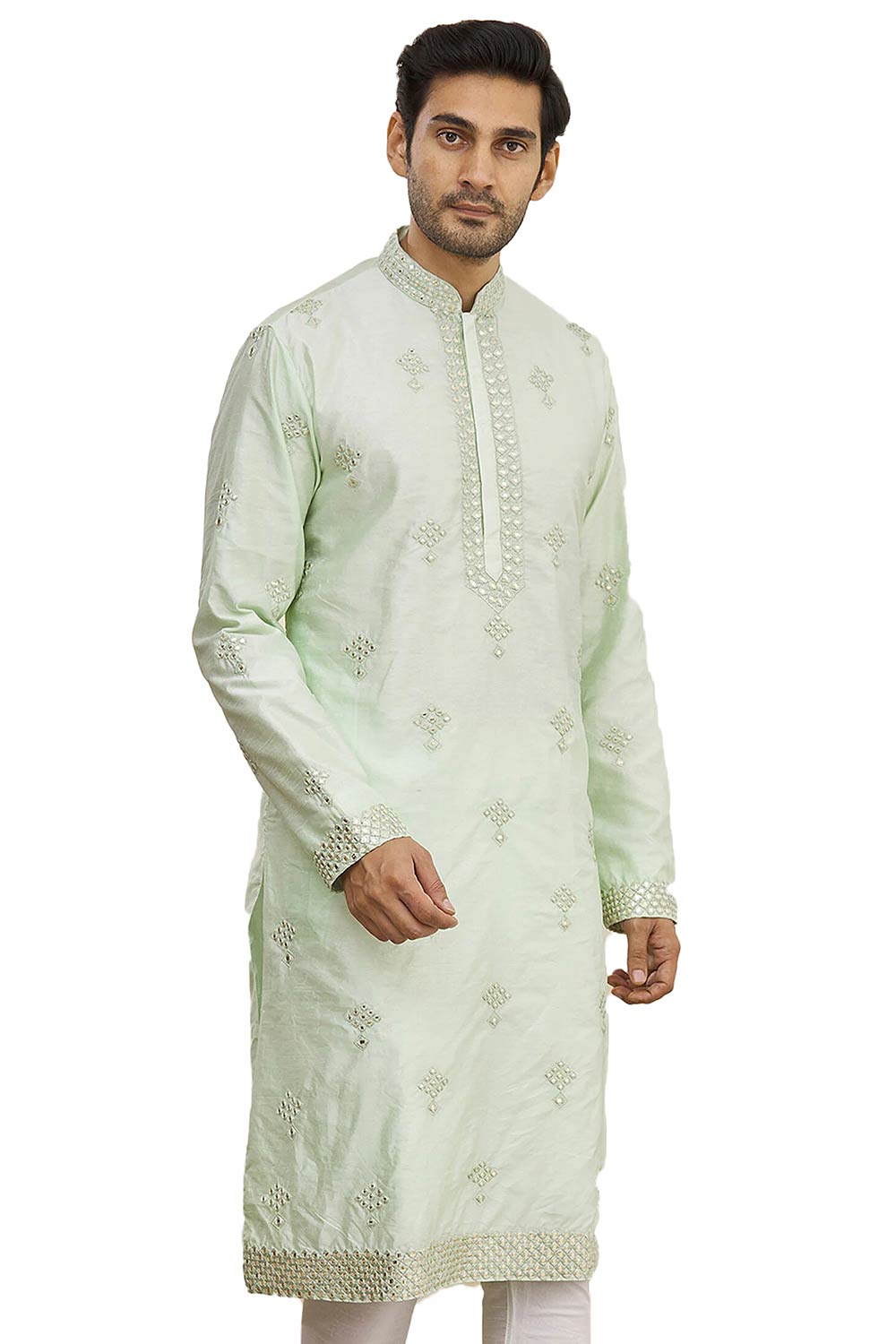 Men's Pista Green Silk Embroidered Full Sleeve Kurta Churidar