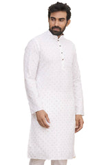 Men's White Silk Embroidered Full Sleeve Kurta Churidar