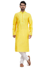 Men's Yellow Cotton Embroidered Full Sleeve Kurta Churidar