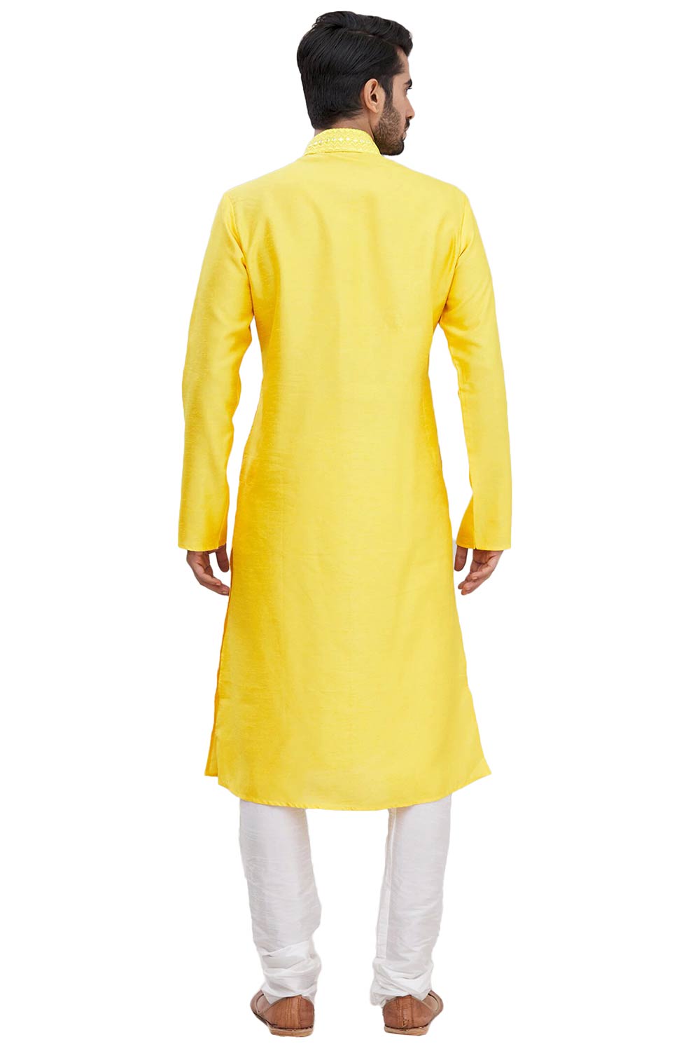 Men's Yellow Cotton Embroidered Full Sleeve Kurta Churidar