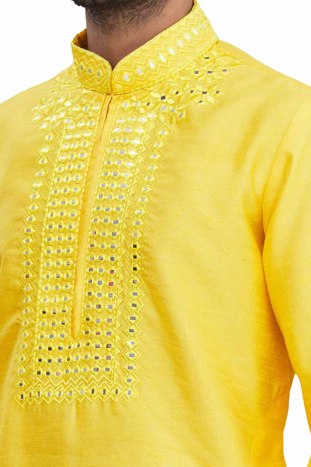 Men's Yellow Cotton Embroidered Full Sleeve Kurta Churidar