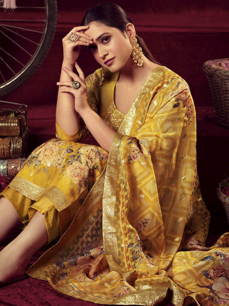 Mustard Organza Jacquard Dress Material