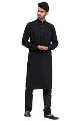 Men's Black Silk Embroidered Full Sleeve Kurta Churidar