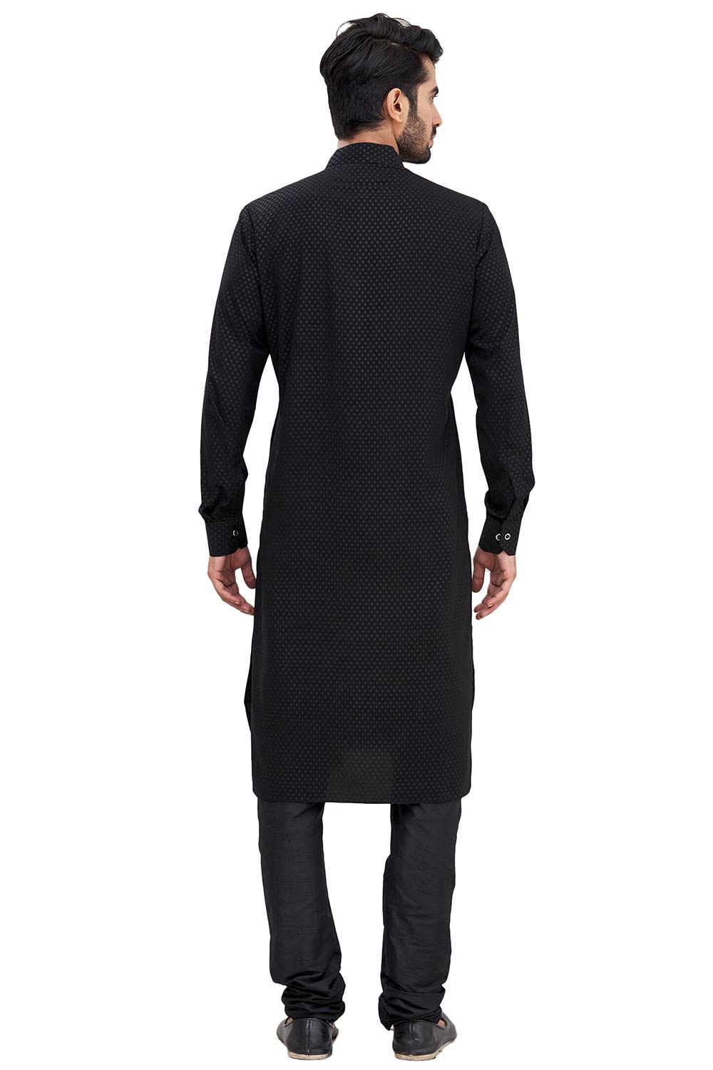 Men's Black Silk Embroidered Full Sleeve Kurta Churidar