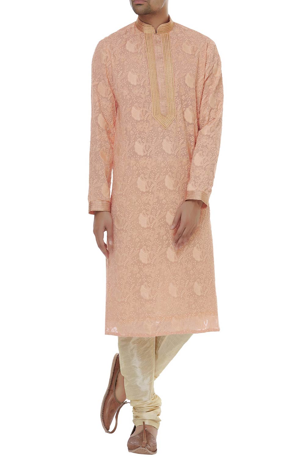 Men's Peach Silk Embroidered Full Sleeve Kurta Churidar