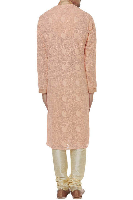 Men's Peach Silk Embroidered Full Sleeve Kurta Churidar