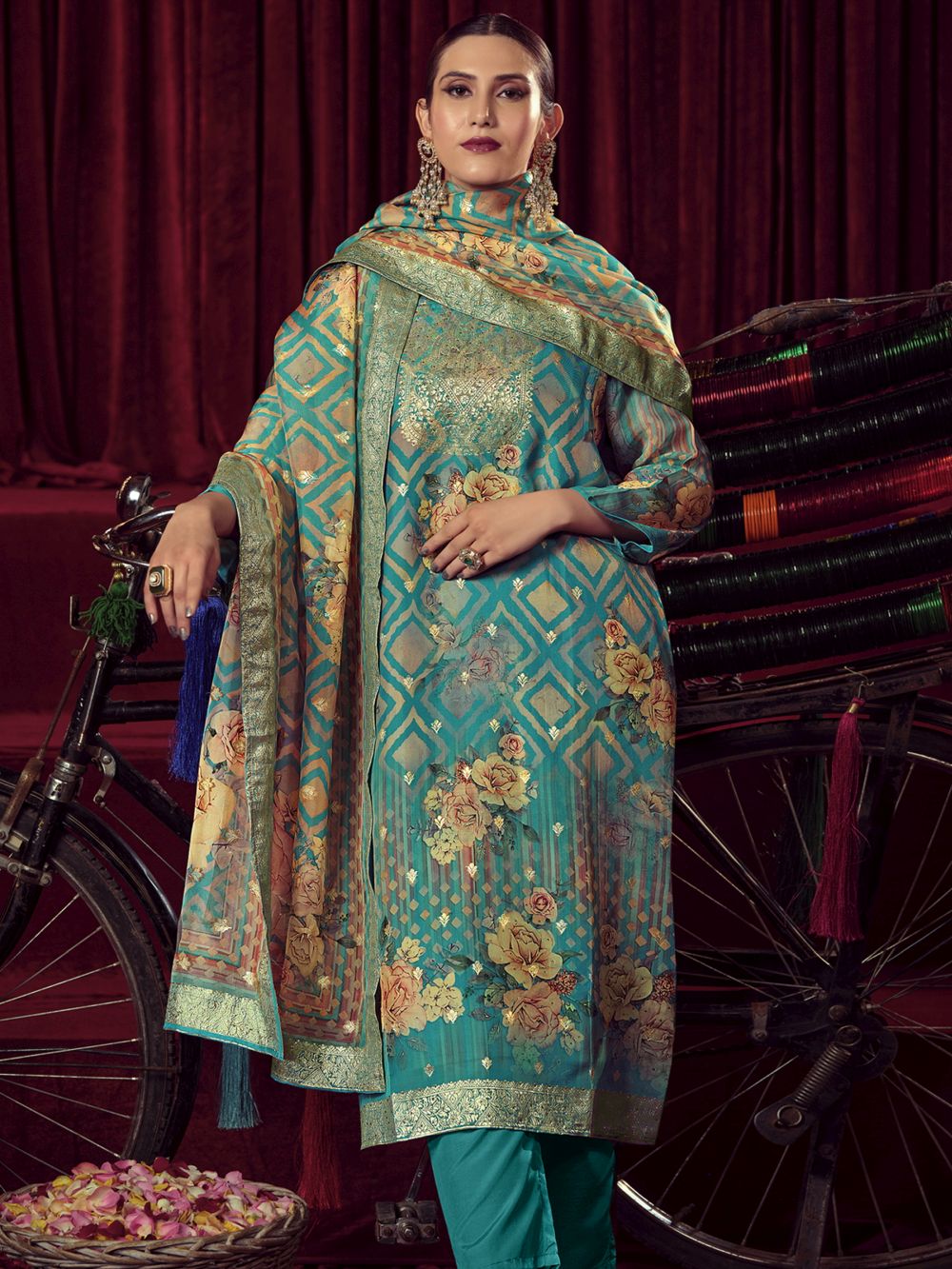 Turquoise Organza Jacquard Dress Material