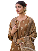 Brown Pure Silk Jacquard Dress Material