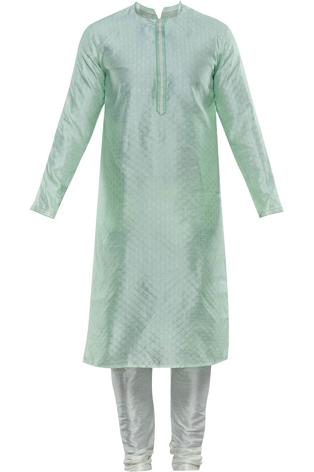 Men's Pista Green Cotton Embroidered Full Sleeve Kurta Churidar