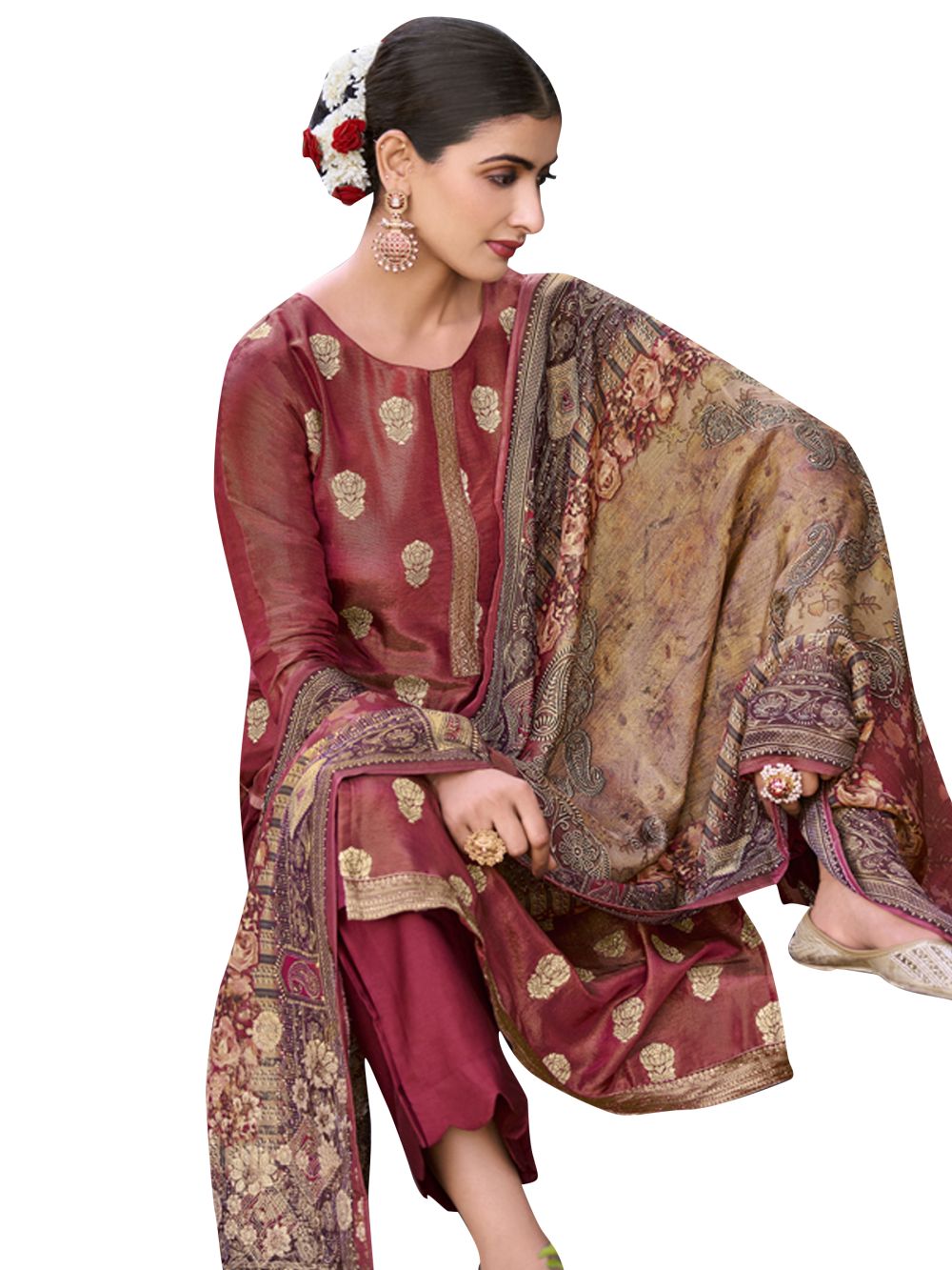 Maroon Pure Silk Jacquard Dress Material