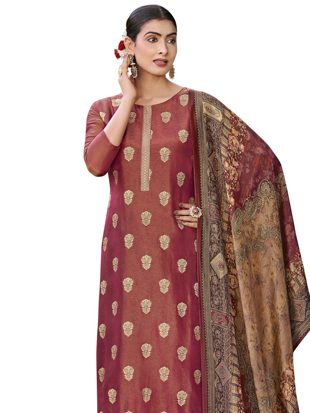 Maroon Pure Silk Jacquard Dress Material