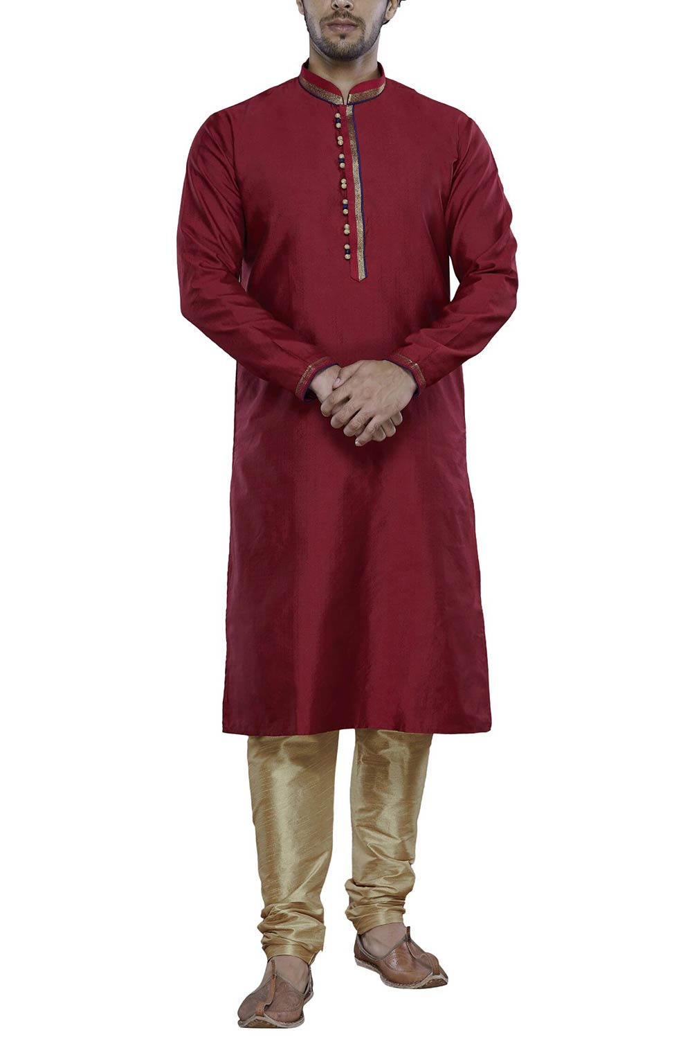 Men's Maroon Silk Embroidered Full Sleeve Kurta Churidar