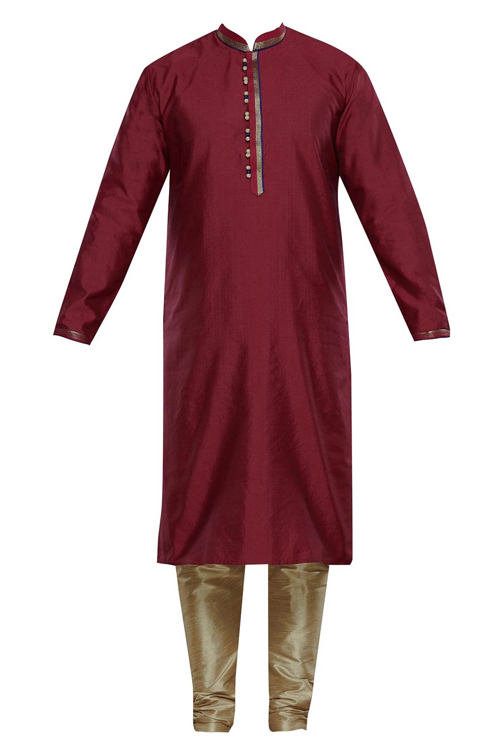 Men's Maroon Silk Embroidered Full Sleeve Kurta Churidar