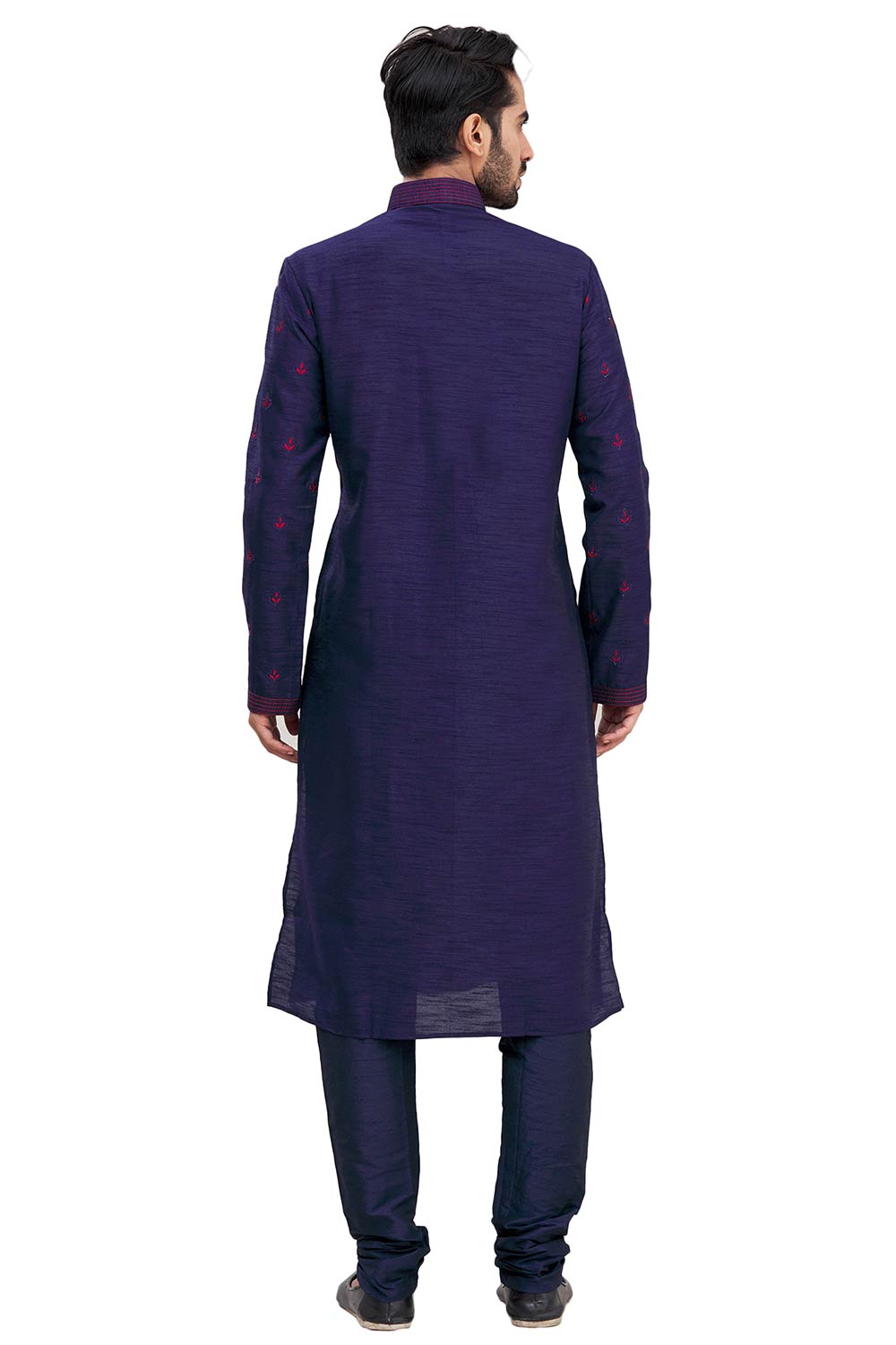 Men's Blue Cotton Embroidered Full Sleeve Kurta Churidar