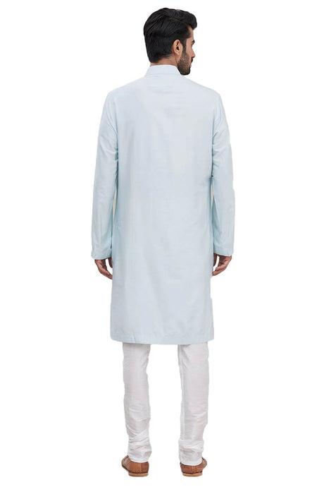 Men's Powder Blue Cotton Embroidered Full Sleeve Kurta Churidar