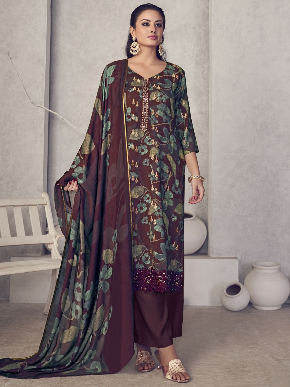 Maroon Pure Pashmina Digital Printed Dress Material