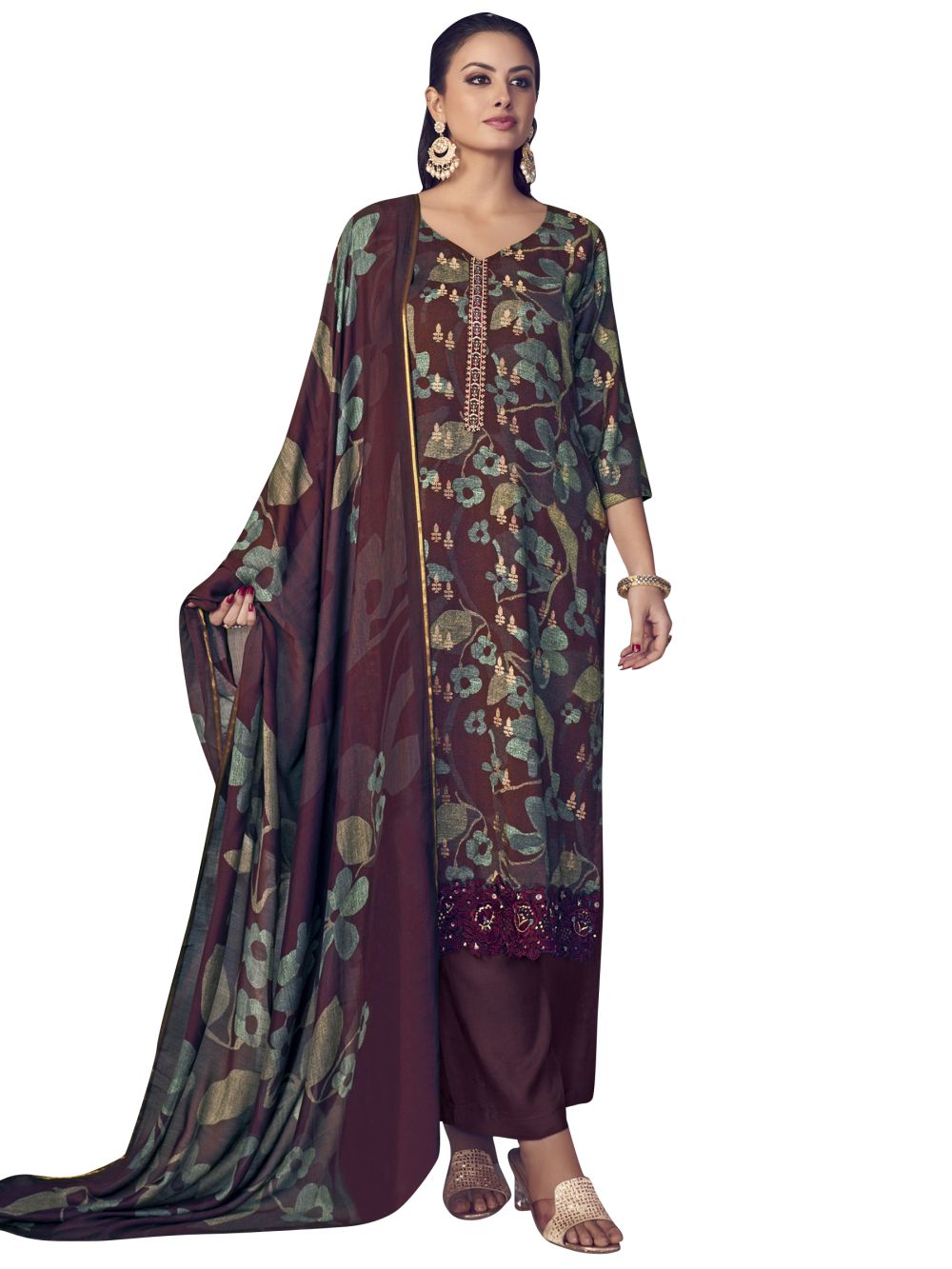 Maroon Pure Pashmina Digital Printed Dress Material