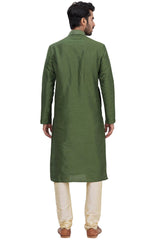 Men's Green Silk Embroidered Full Sleeve Kurta Churidar